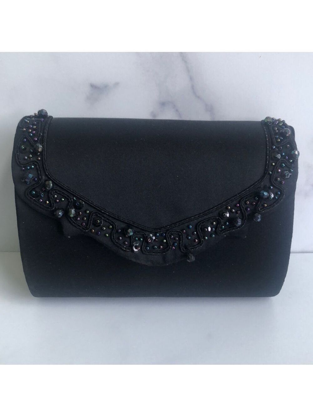 Vintage Vanessa Black Beaded Trim Satin Barrell Evening Shoulder Bag Clutch